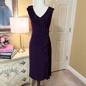 EEUC Lauren Ralph Lauren Ruched Ruffle V-Neck Stretch Dress Purple Size 6